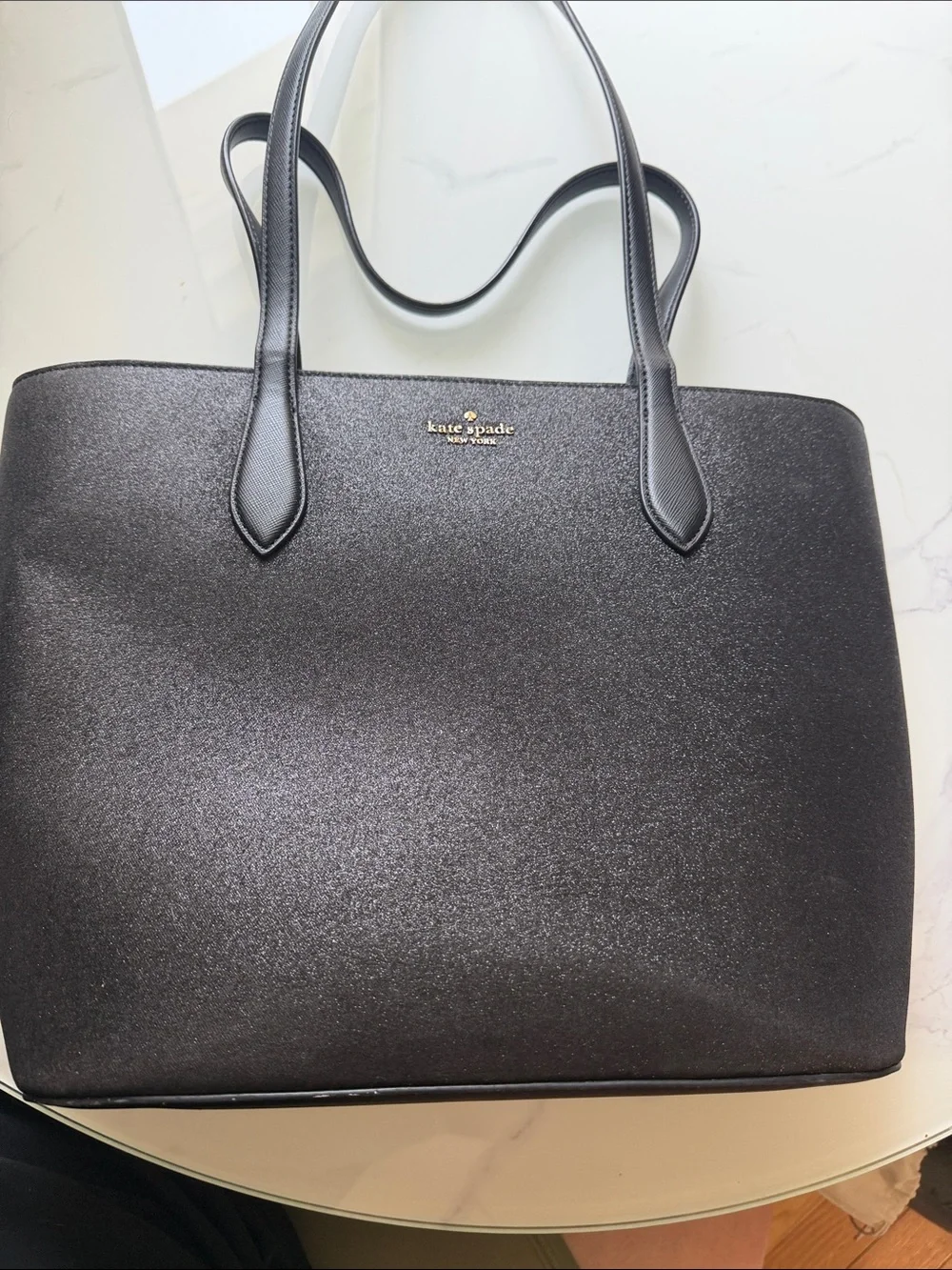 kate spade Black Glitter Tote with Gold Logo Accent
